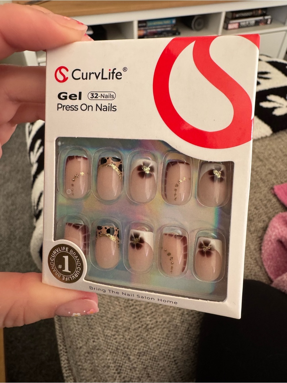 Press-On Nails with Brown Floral & Gold Accents